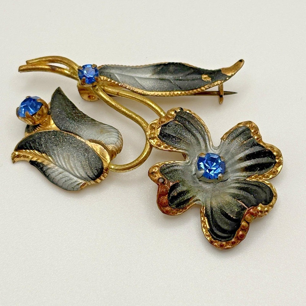 Vintage Austria Brooch Flower Enamel Blue Stones Elegant